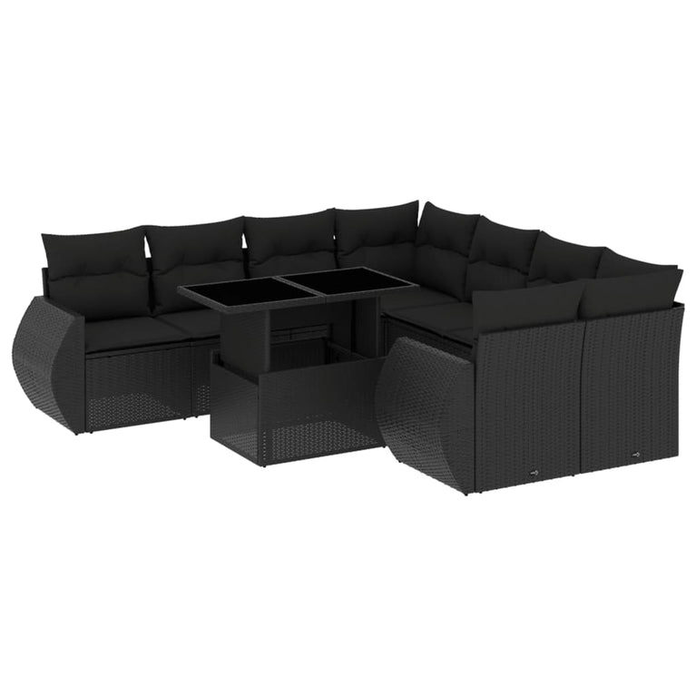 9-delige Loungeset met kussens poly rattan zwart