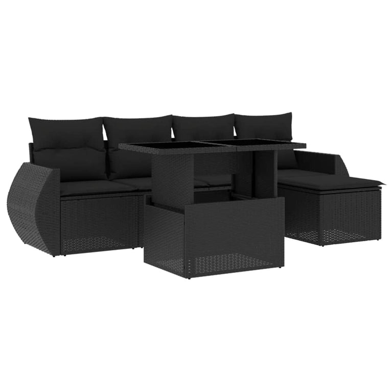 6-delige Loungeset met kussens poly rattan zwart