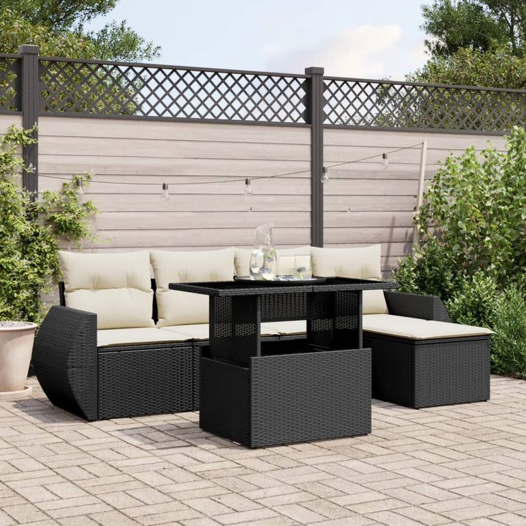 6-delige Loungeset met kussens poly rattan zwart