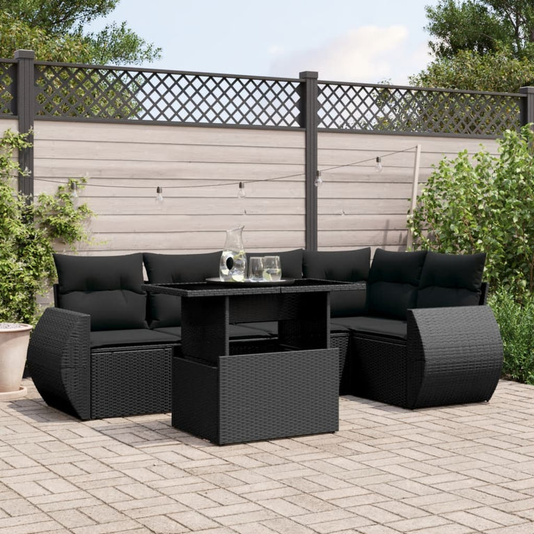 6-delige Loungeset met kussens poly rattan zwart