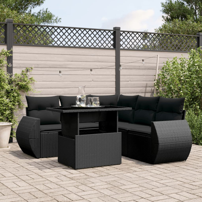 6-delige Loungeset met kussens poly rattan zwart