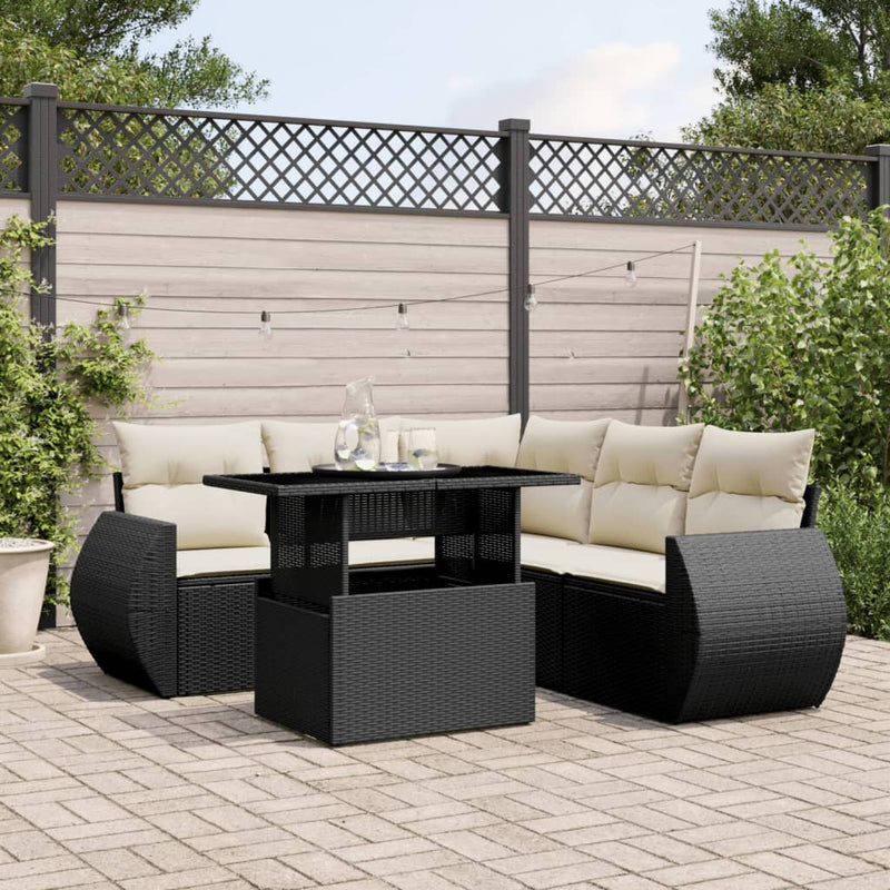 6-delige Loungeset met kussens poly rattan zwart