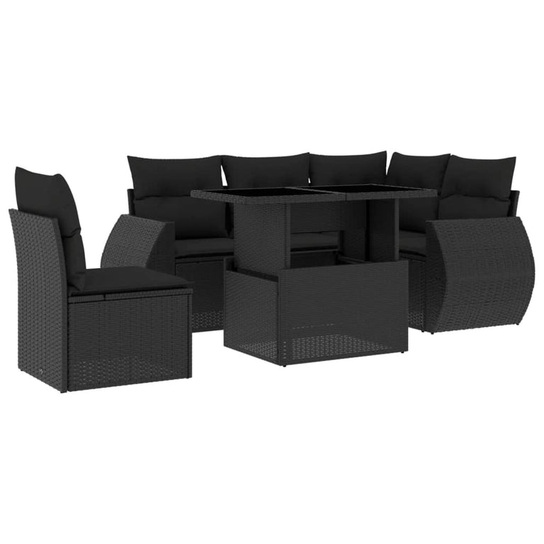 6-delige Loungeset met kussens poly rattan zwart