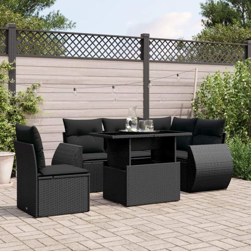 6-delige Loungeset met kussens poly rattan zwart