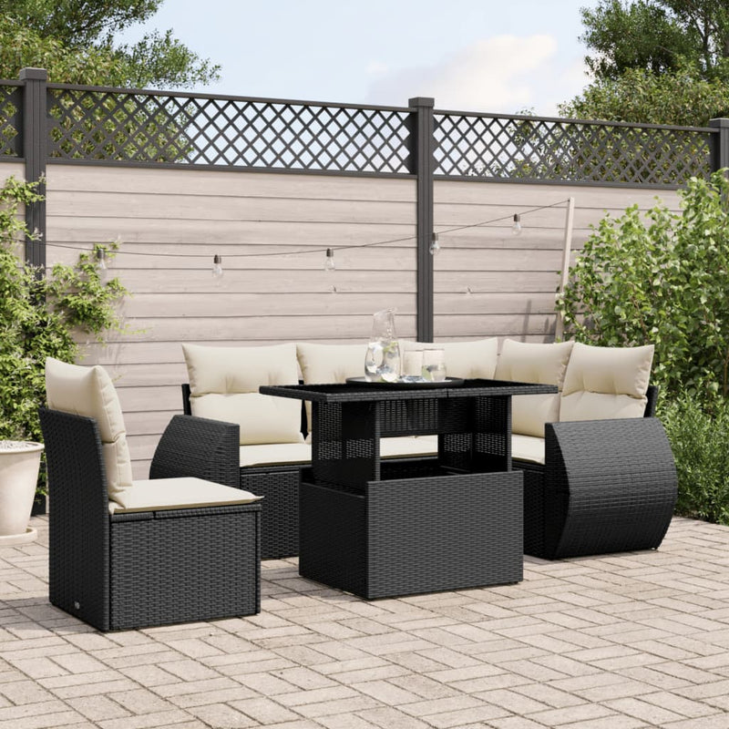 6-delige Loungeset met kussens poly rattan zwart