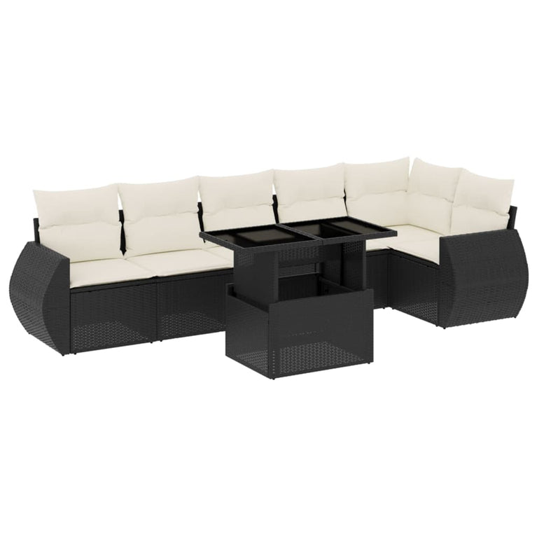 7-delige Loungeset met kussens poly rattan zwart