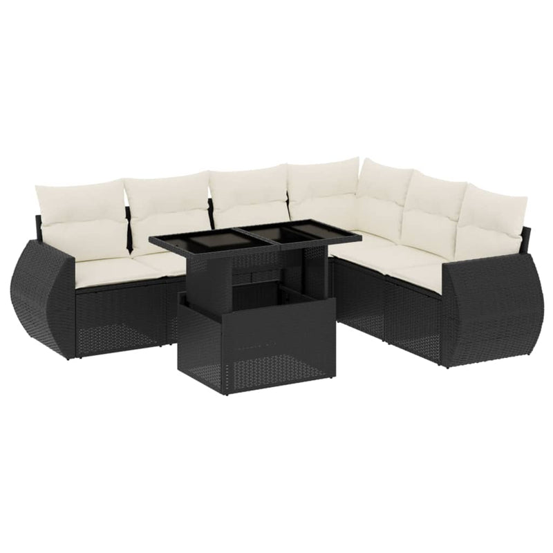 7-delige Loungeset met kussens poly rattan zwart