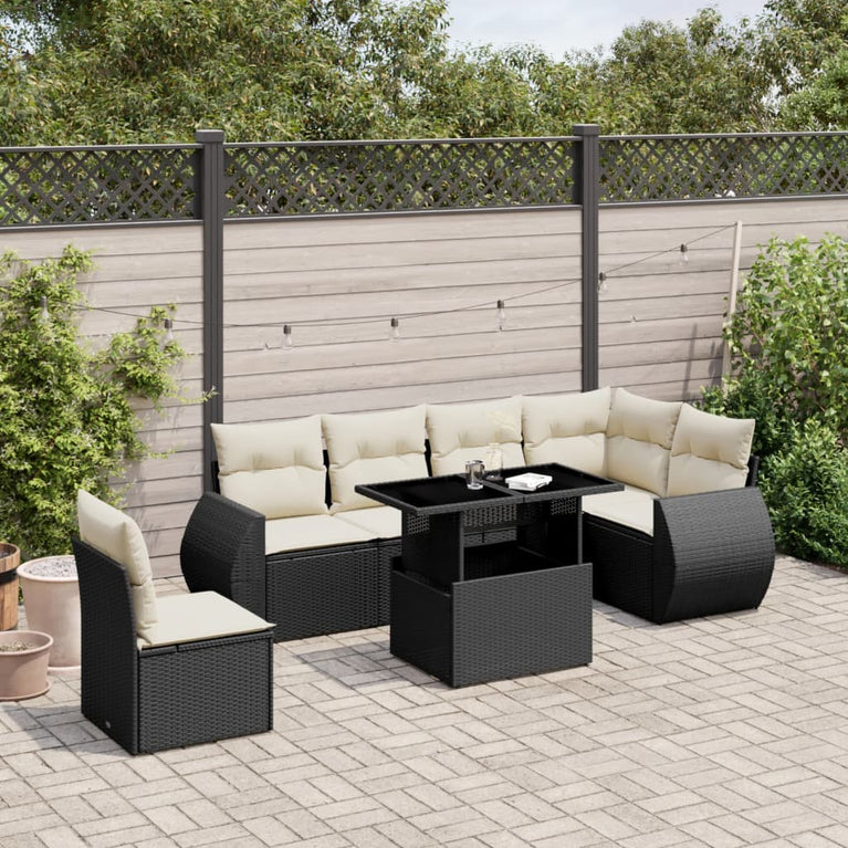 7-delige Loungeset met kussens poly rattan zwart