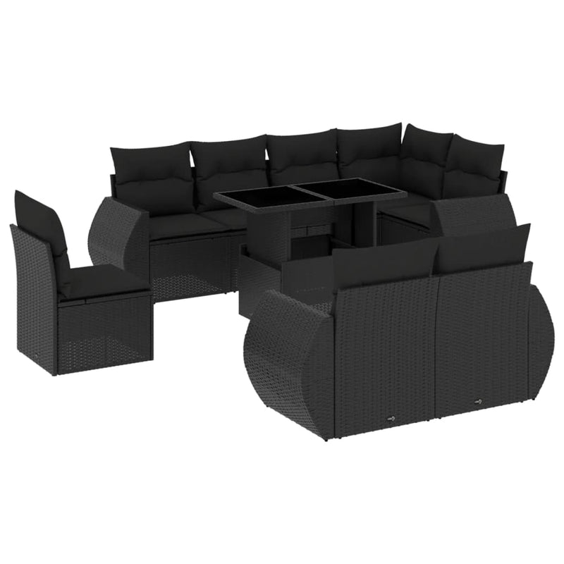 9-delige Loungeset met kussens poly rattan zwart