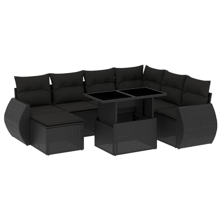 8-delige Loungeset met kussens poly rattan zwart