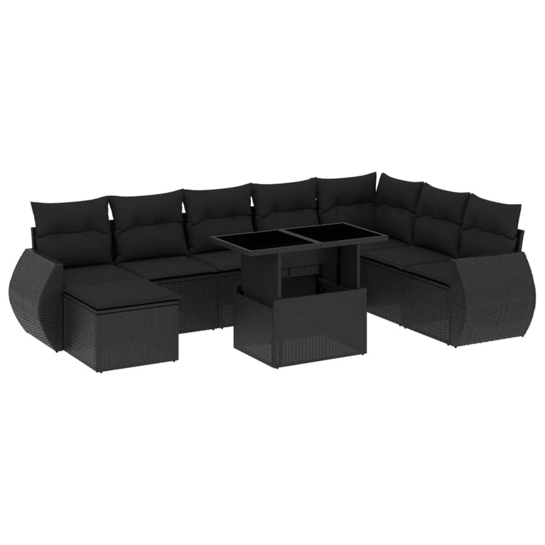 9-delige Loungeset met kussens poly rattan zwart