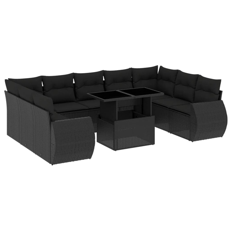 10-delige Loungeset met kussens poly rattan zwart
