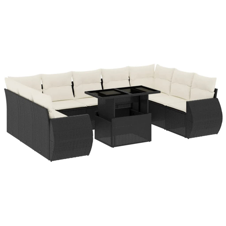 10-delige Loungeset met kussens poly rattan zwart