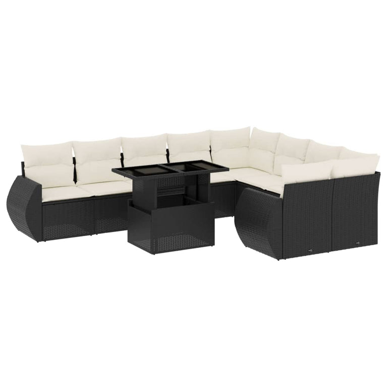 10-delige Loungeset met kussens poly rattan zwart