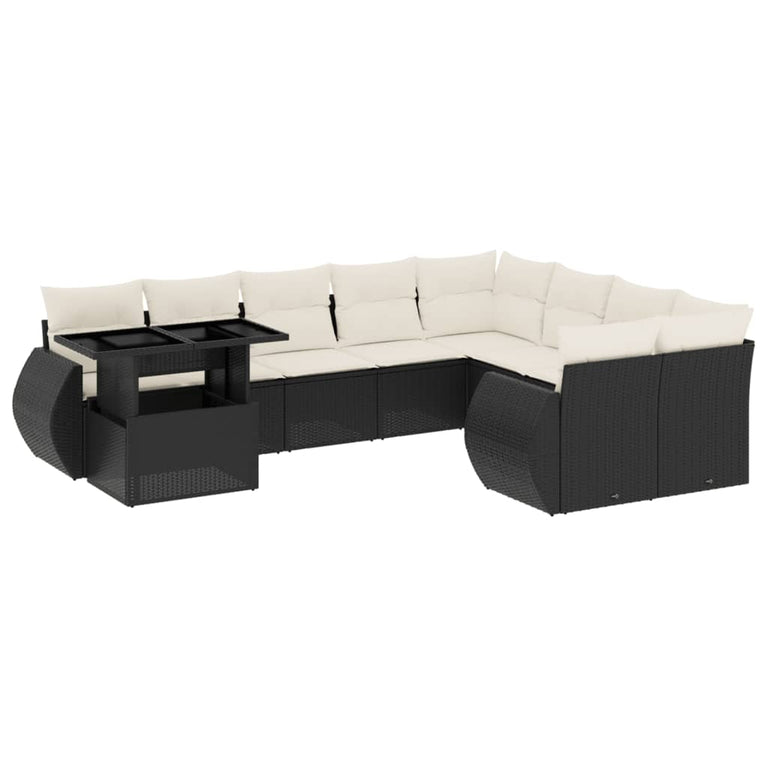 10-delige Loungeset met kussens poly rattan zwart