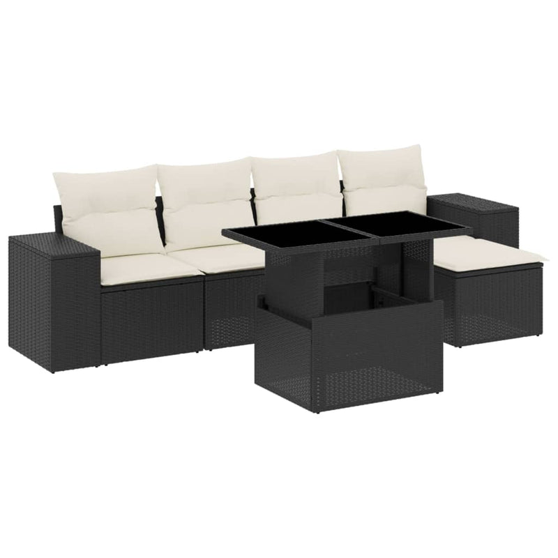 6-delige Loungeset met kussens poly rattan zwart