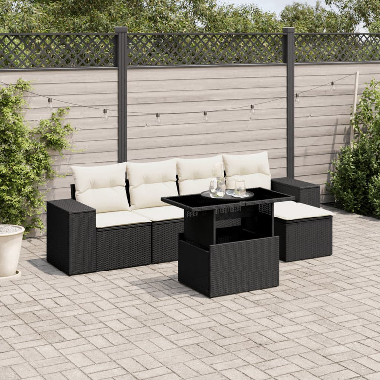 6-delige Loungeset met kussens poly rattan zwart