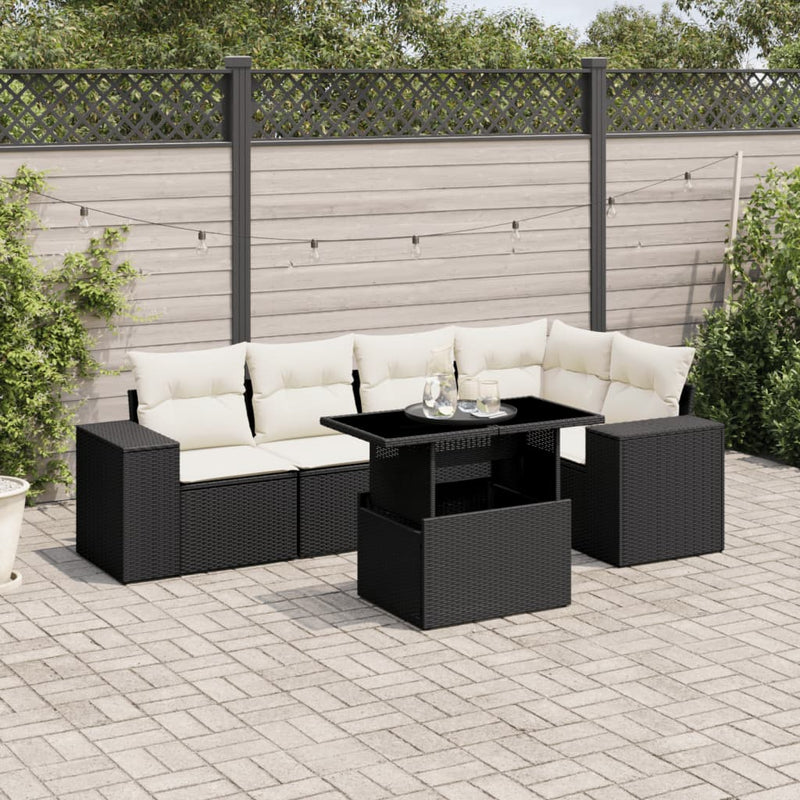6-delige Loungeset met kussens poly rattan zwart