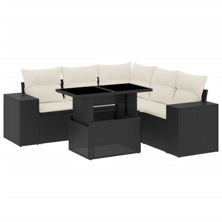 6-delige Loungeset met kussens poly rattan zwart