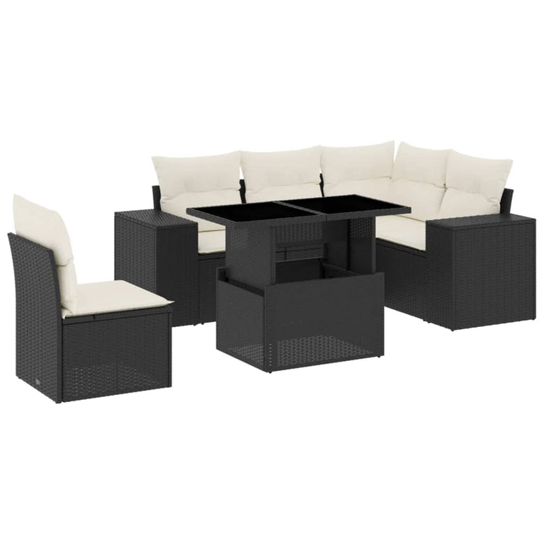 6-delige Loungeset met kussens poly rattan zwart