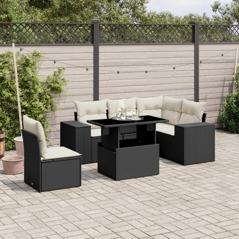 6-delige Loungeset met kussens poly rattan zwart