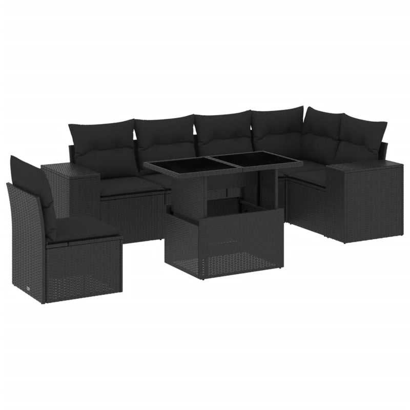 7-delige Loungeset met kussens poly rattan zwart