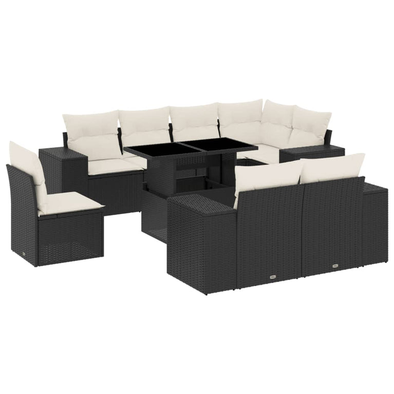 9-delige Loungeset met kussens poly rattan zwart