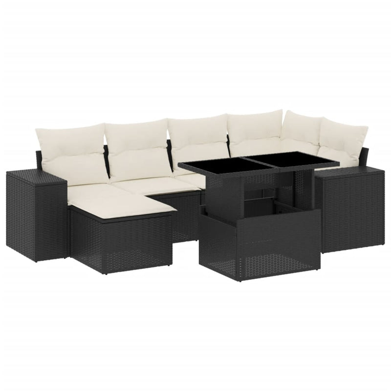 7-delige Loungeset met kussens poly rattan zwart