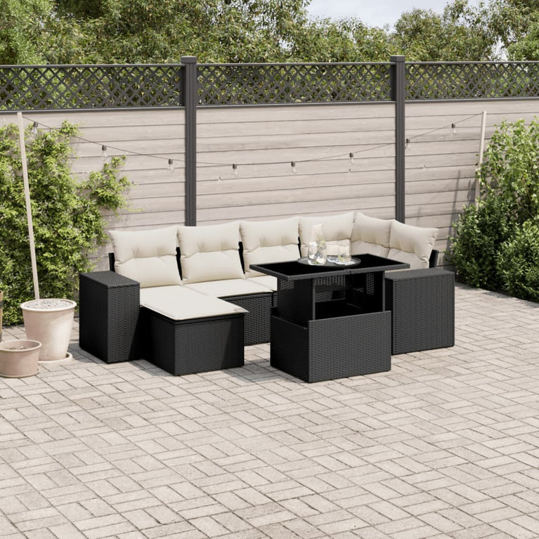 7-delige Loungeset met kussens poly rattan zwart
