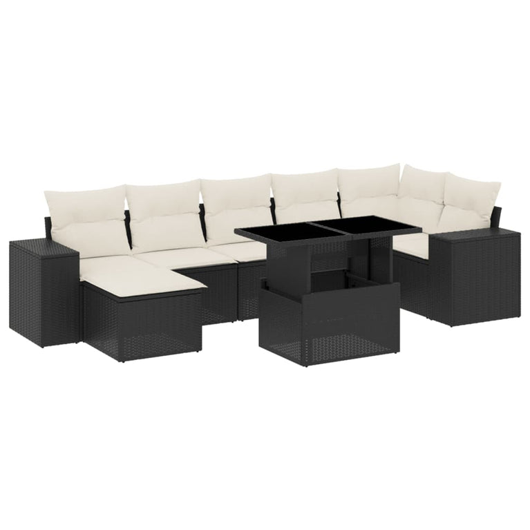8-delige Loungeset met kussens poly rattan zwart
