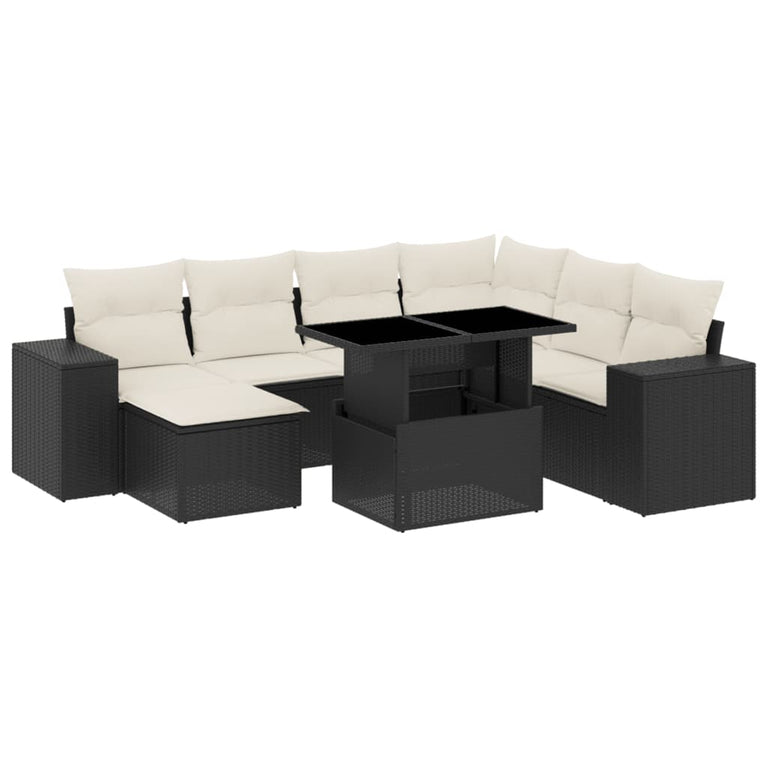 8-delige Loungeset met kussens poly rattan zwart