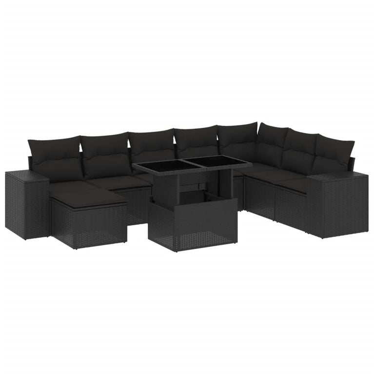 9-delige Loungeset met kussens poly rattan zwart