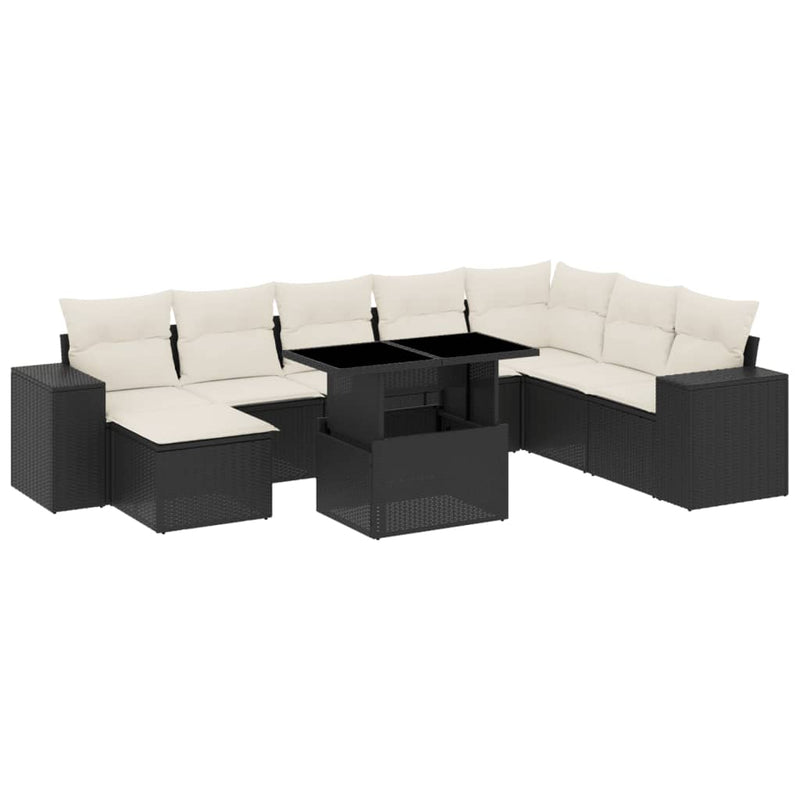 9-delige Loungeset met kussens poly rattan zwart