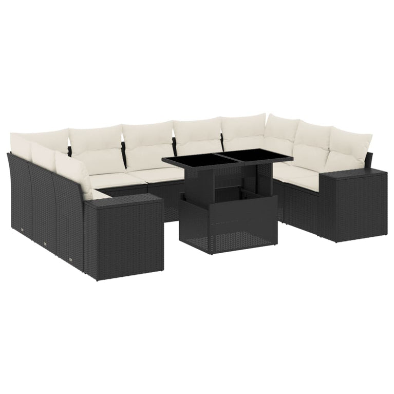 10-delige Loungeset met kussens poly rattan zwart