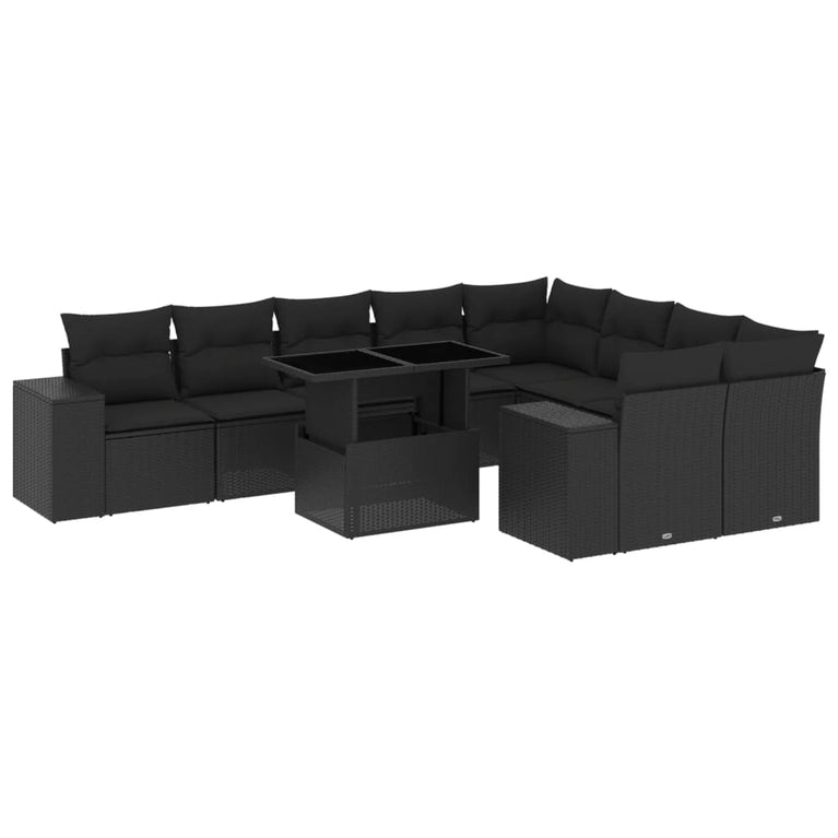 10-delige Loungeset met kussens poly rattan zwart