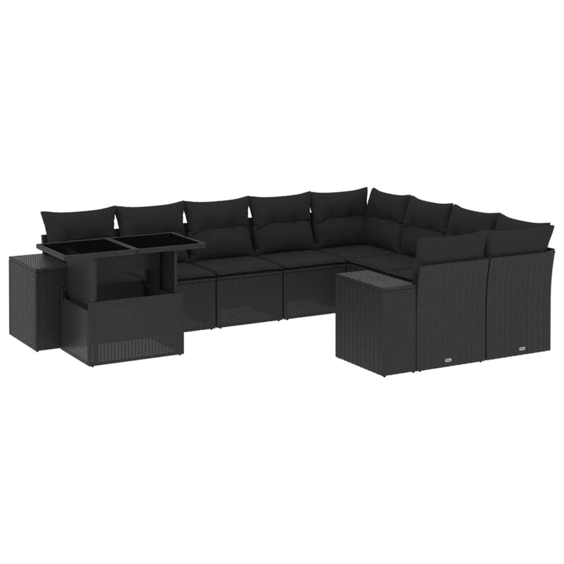 10-delige Loungeset met kussens poly rattan zwart