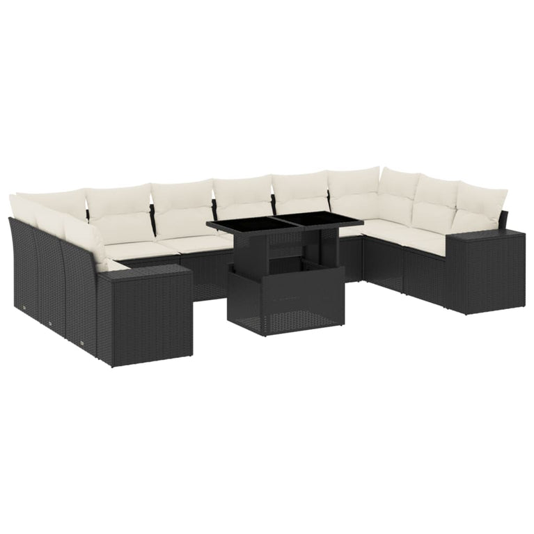 11-delige Loungeset met kussens poly rattan zwart