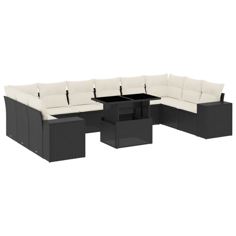 11-delige Loungeset met kussens poly rattan zwart