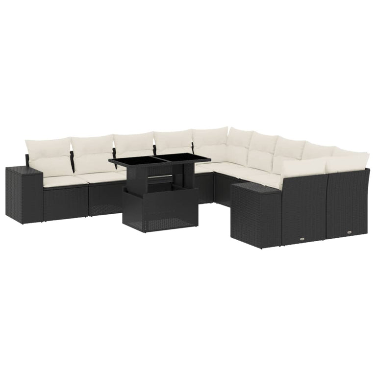 11-delige Loungeset met kussens poly rattan zwart
