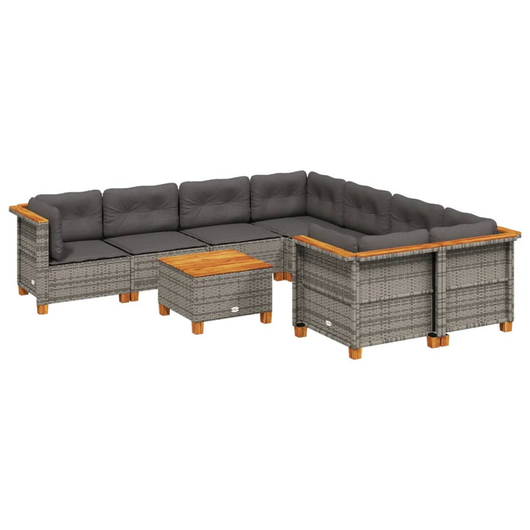 9-delige Loungeset met kussens poly rattan grijs