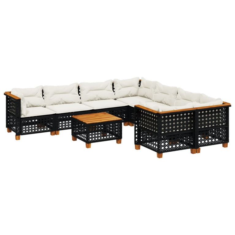 9-delige Loungeset met kussens poly rattan zwart