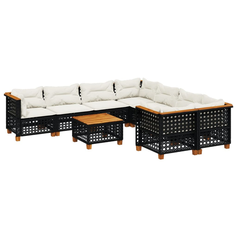 9-delige Loungeset met kussens poly rattan zwart