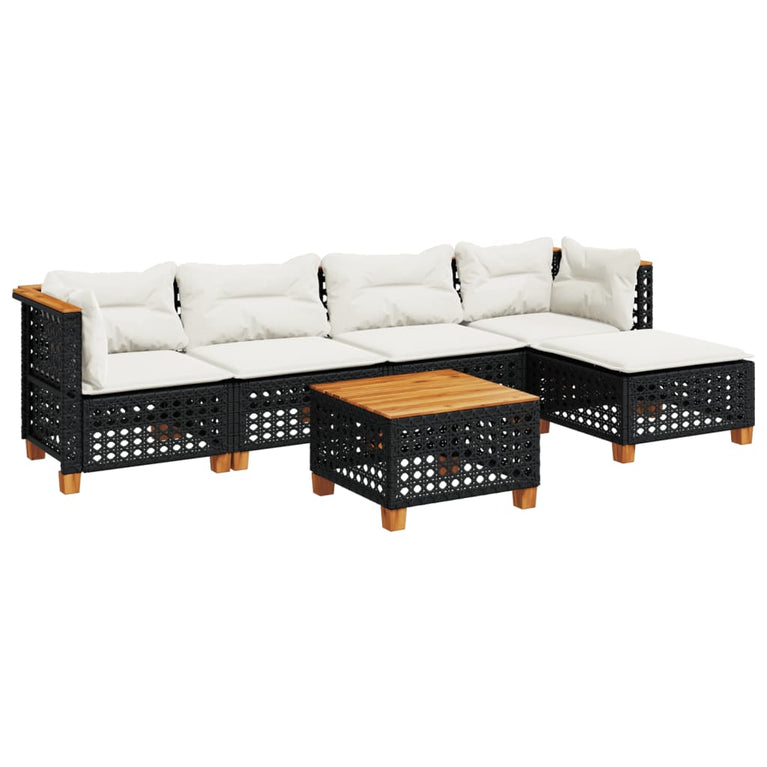 6-delige Loungeset met kussens poly rattan zwart