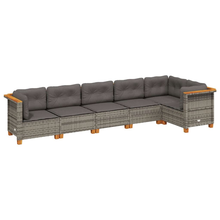 6-delige Loungeset met kussens poly rattan grijs