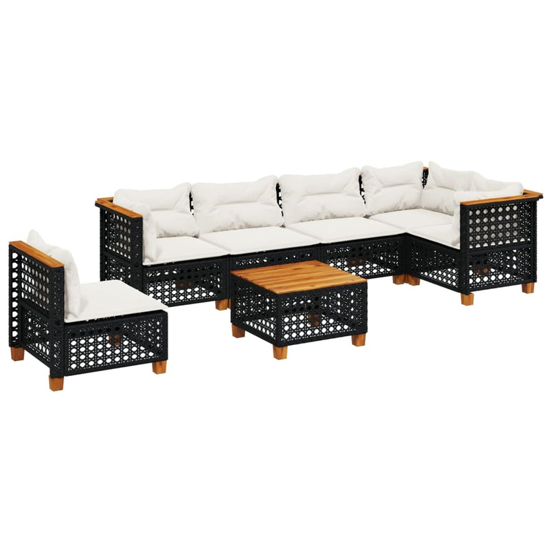 7-delige Loungeset met kussens poly rattan zwart