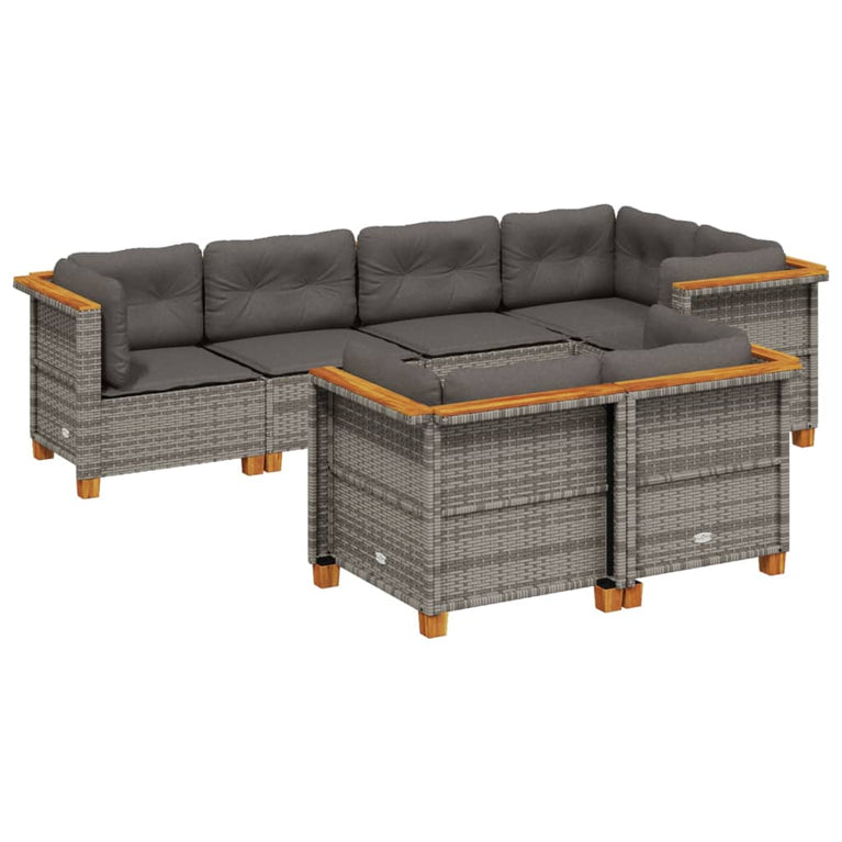 7-delige Loungeset met kussens poly rattan grijs
