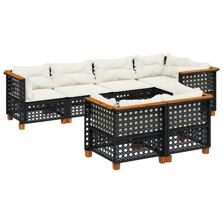 7-delige Loungeset met kussens poly rattan zwart