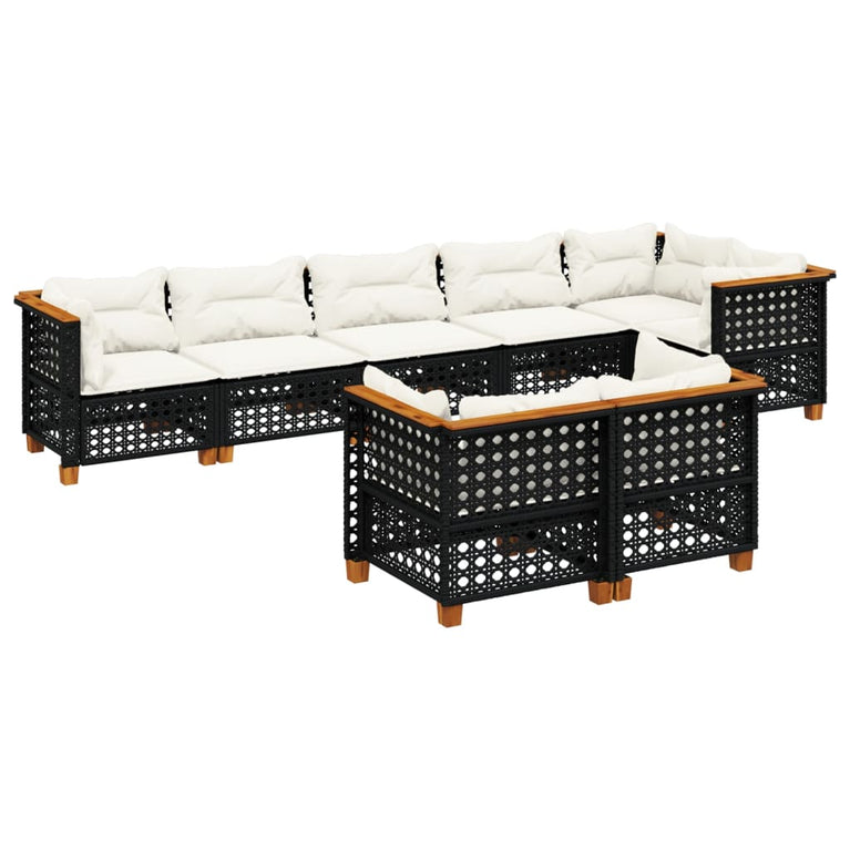 8-delige Loungeset met kussens poly rattan zwart