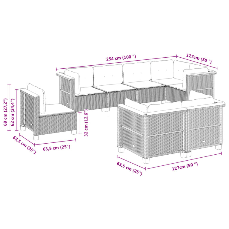 8-delige Loungeset met kussens poly rattan grijs