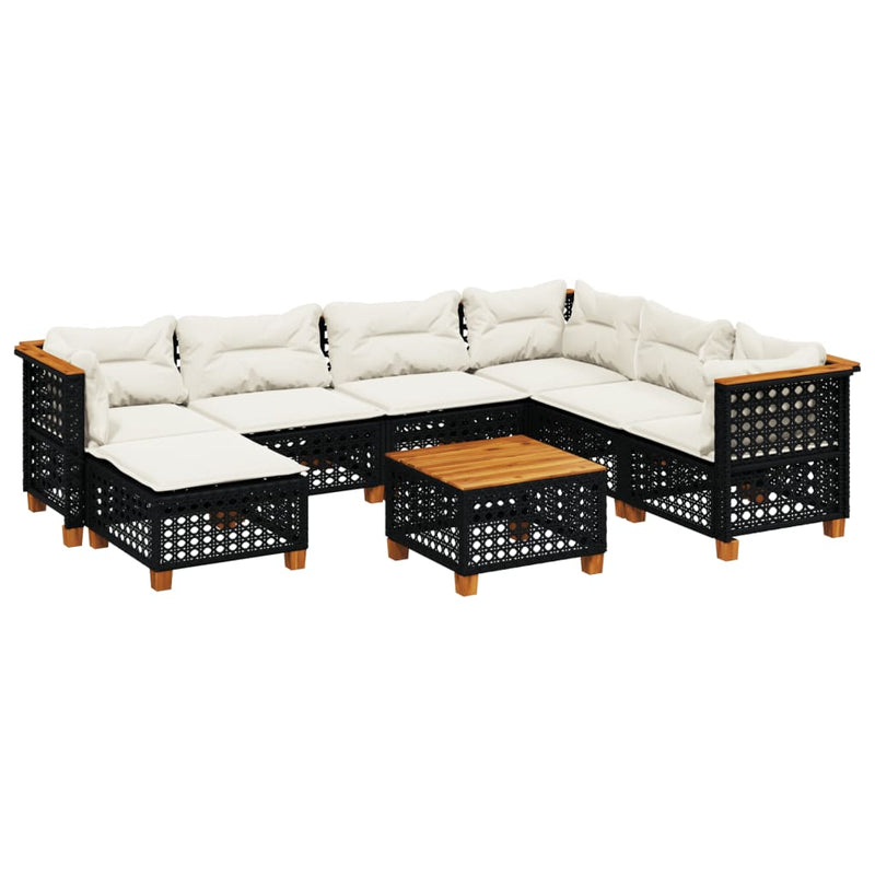 8-delige Loungeset met kussens poly rattan zwart
